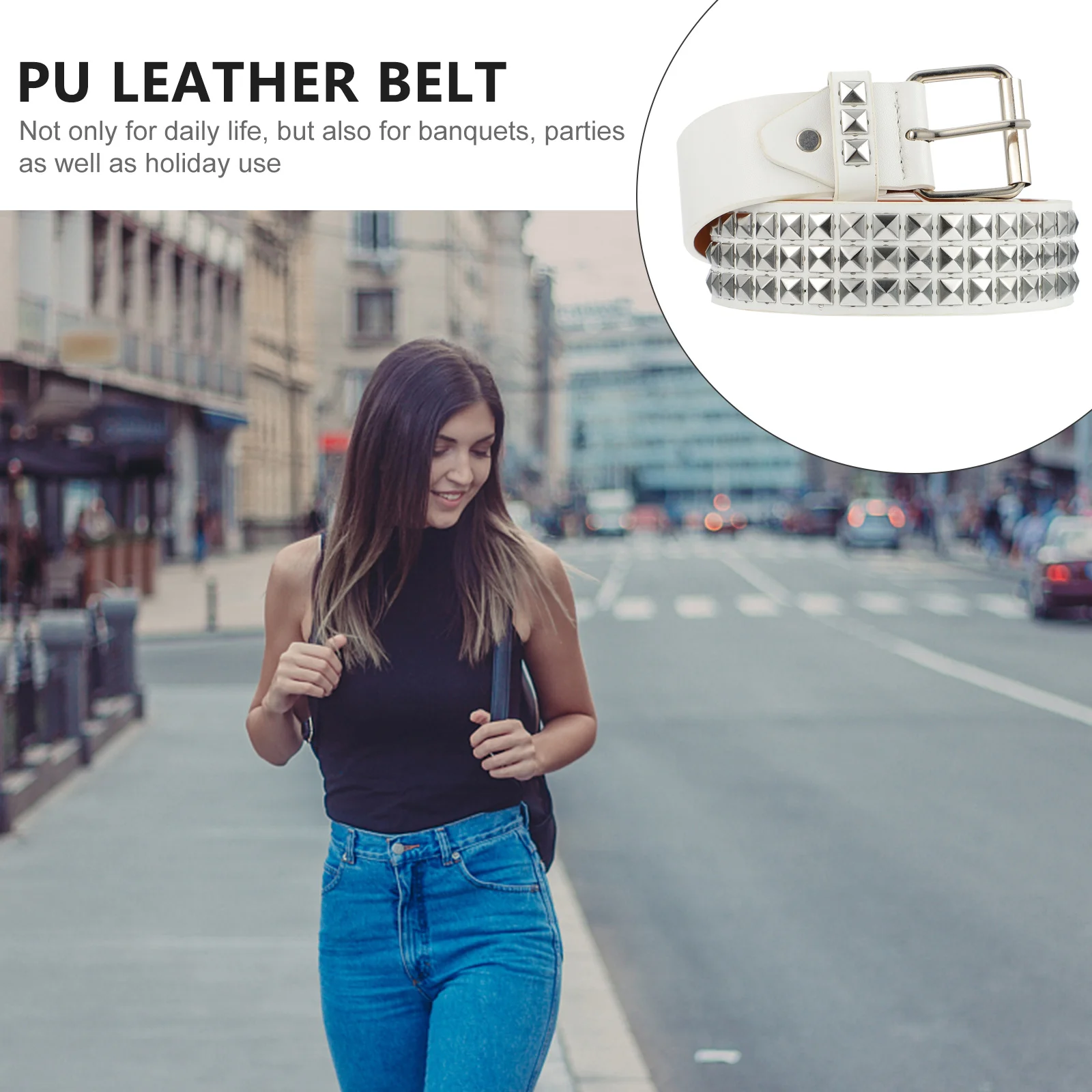 

Rivet Belt Durable PU Belts Fashionable Decorative Waistband Non Fading Lightweight Banquet Party Holiday Use Chic