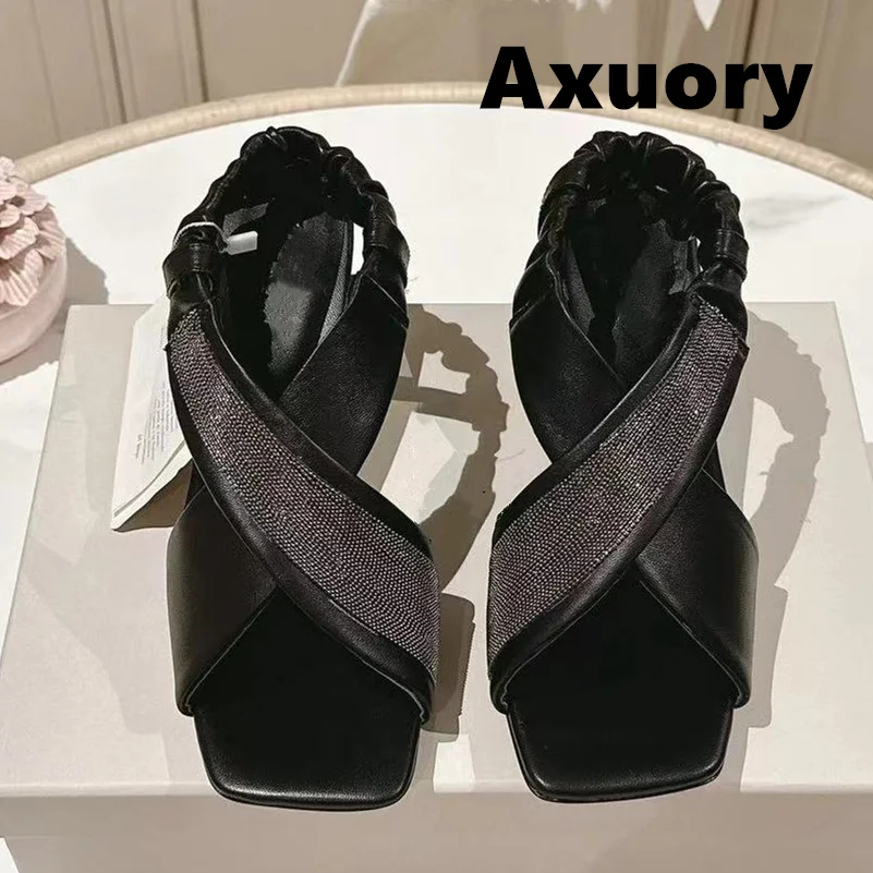 

2024 Women's High heeled sandals Square head slender heel Genuine leather material Diamond inlay decoration Luxury Design