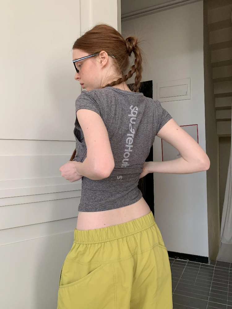 Camiseta Deportiva para Mujer, 100% Algodón, Alta Elasticidad, Corte Ajustado, Cuello Redondo, Estampado Informal, Top de Verano