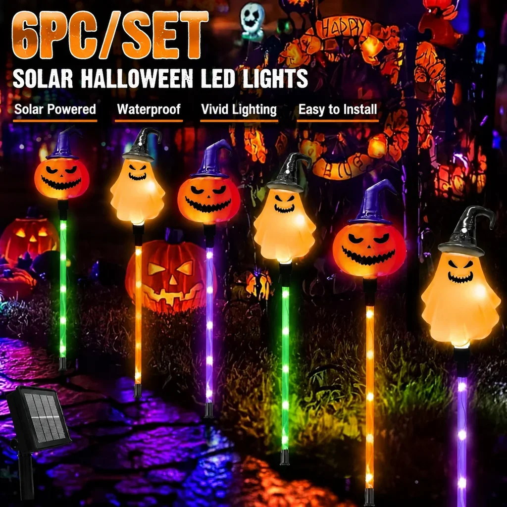 6PC/Set LED Solar Powered Purple Orange Green Path Lights Garden Yard Lawn Outdoor Waterproof Pumpkin Ghost Skull Decorations