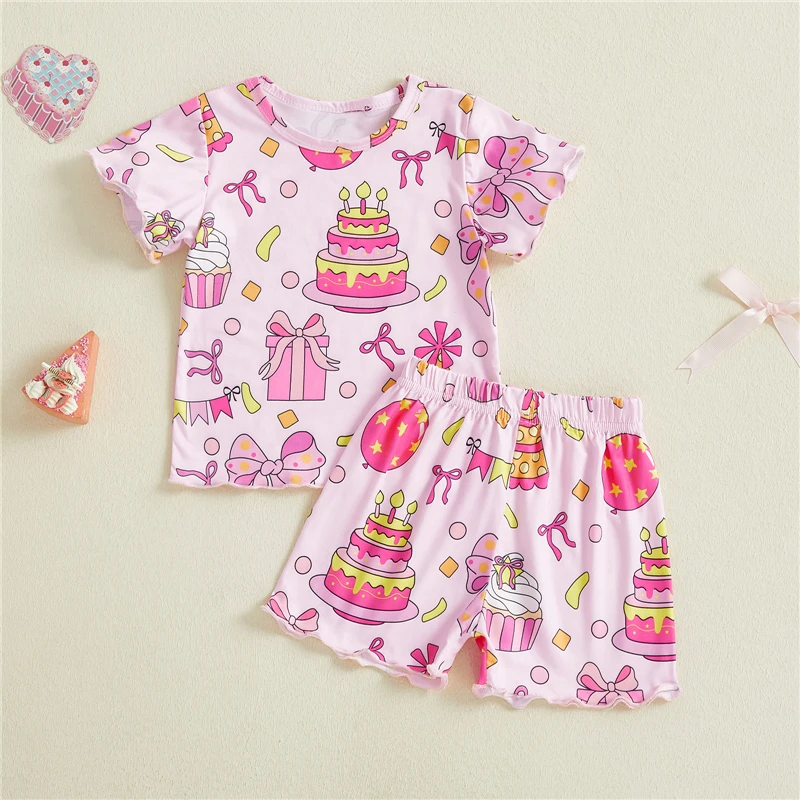 2026 Summer Fashion Toddler Baby Girls Clothing Set Cute Birthday Cake Printed Short Sleeve Tops with Shorts 2Pcs Outfit