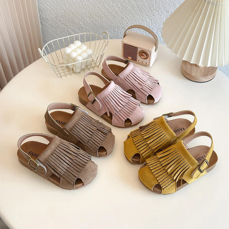 

2025 Summer New Girls' Sandals Korean Style Tassel Princess Shoes Frosted Leather Hollow Sandals Comfortable 23-31