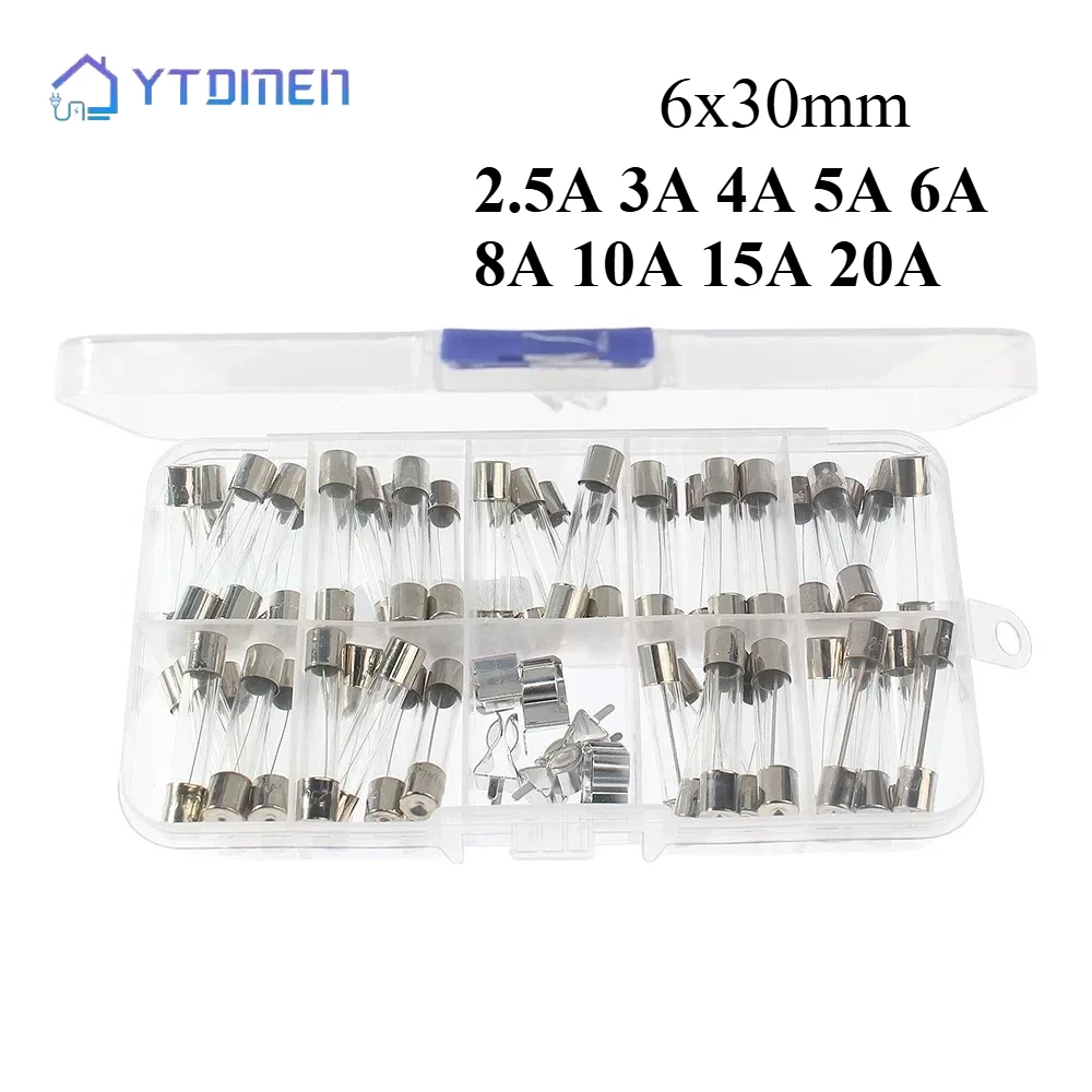 

54 шт./кор. 6x30 мм, набор автомобильных стеклянных предохранителей, 2,5 А ~ 20 А, смешанный предохранитель, предохранители для стеклянной трубки 2,5 А, 3 А, 4 А, 5 А, 6 А, 8 А, 10 А, 15 А, 20 А