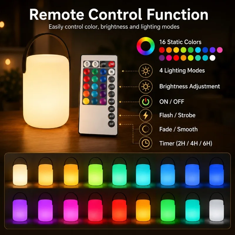 USB Rechargeable LED Table Lamp 16 Color RGB Remote Control Type-C Portable Handle Night Light for Bedroom Camping Table Lamp
