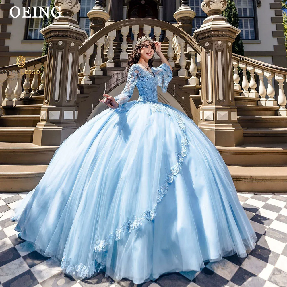 OEING Sky Blue Prom Dress Quinceanera Dresse Elegant Off The Shoulder Appliques Vestidos De 15 Quinceañera Princess Party Gowns