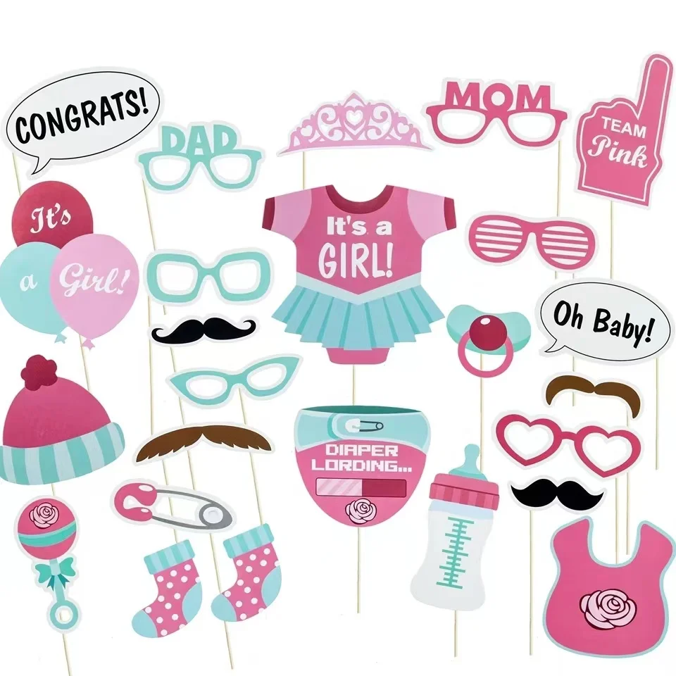 Baby Photo Booth Props Gender Reveal Party Boy or Girl Shower Birthday Party