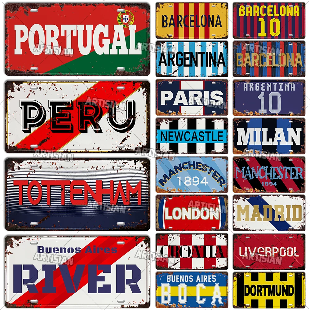 Artisian Vitnage Bayern Newcastle Leverkusen Tottenham Paris Car Plate Mancherster Liverpool Croatia Metal Sign Wall Plaque