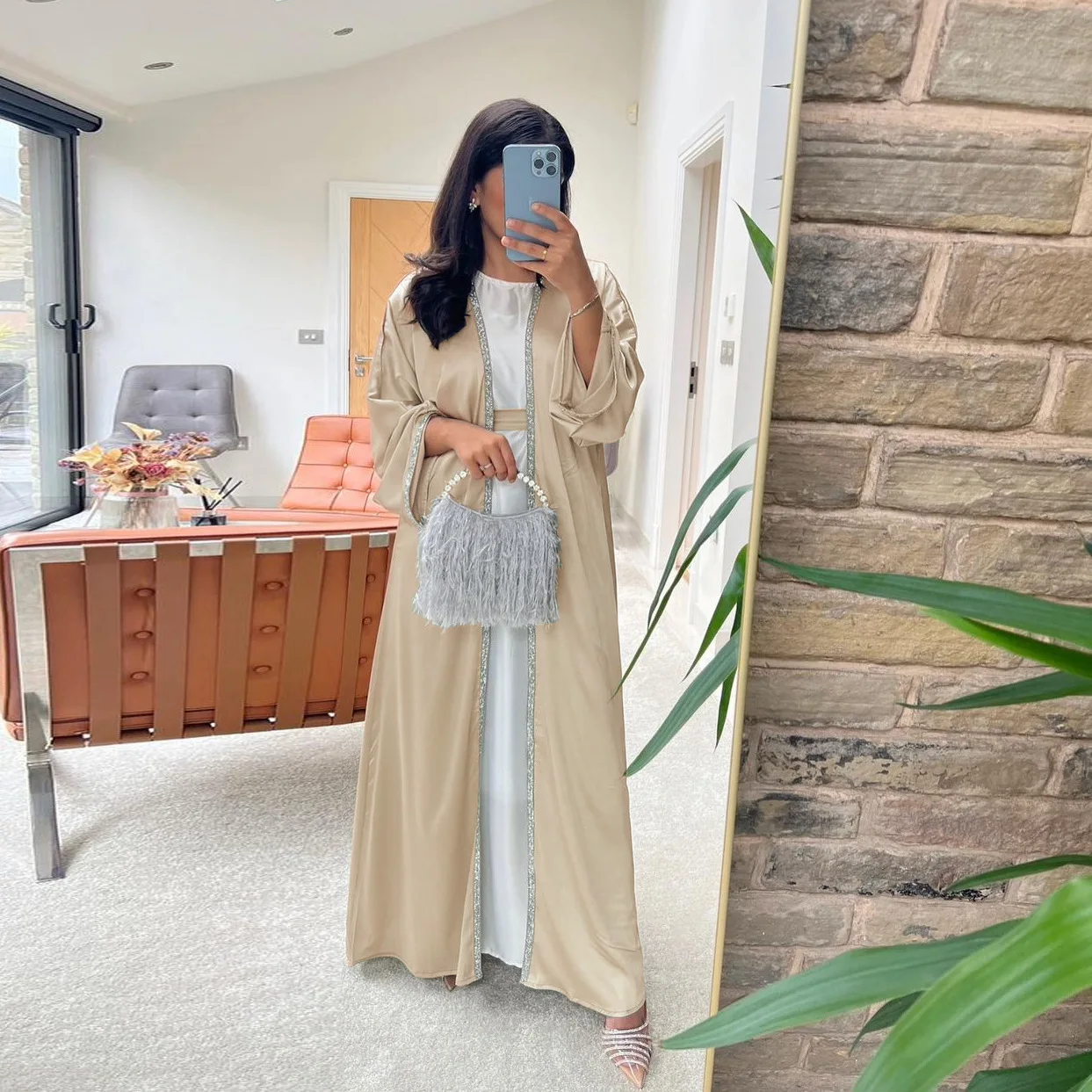 Islamic Long Dress, Saudi Arabia, Hot Diamond, Modern Fashion, Satin, Soft and Beautiful Waist Wrapped Robe, White Laydown Abaya