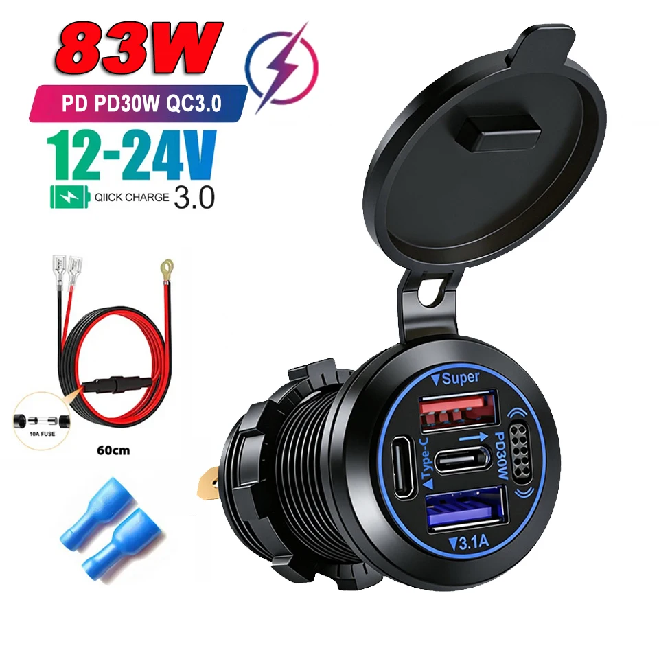 83W Car Charger Socket PD30W QC3.0 USB Fast Charging Adapter Power Outlet 12V/24V waterproof for Auto Motorcycle Car Accessories