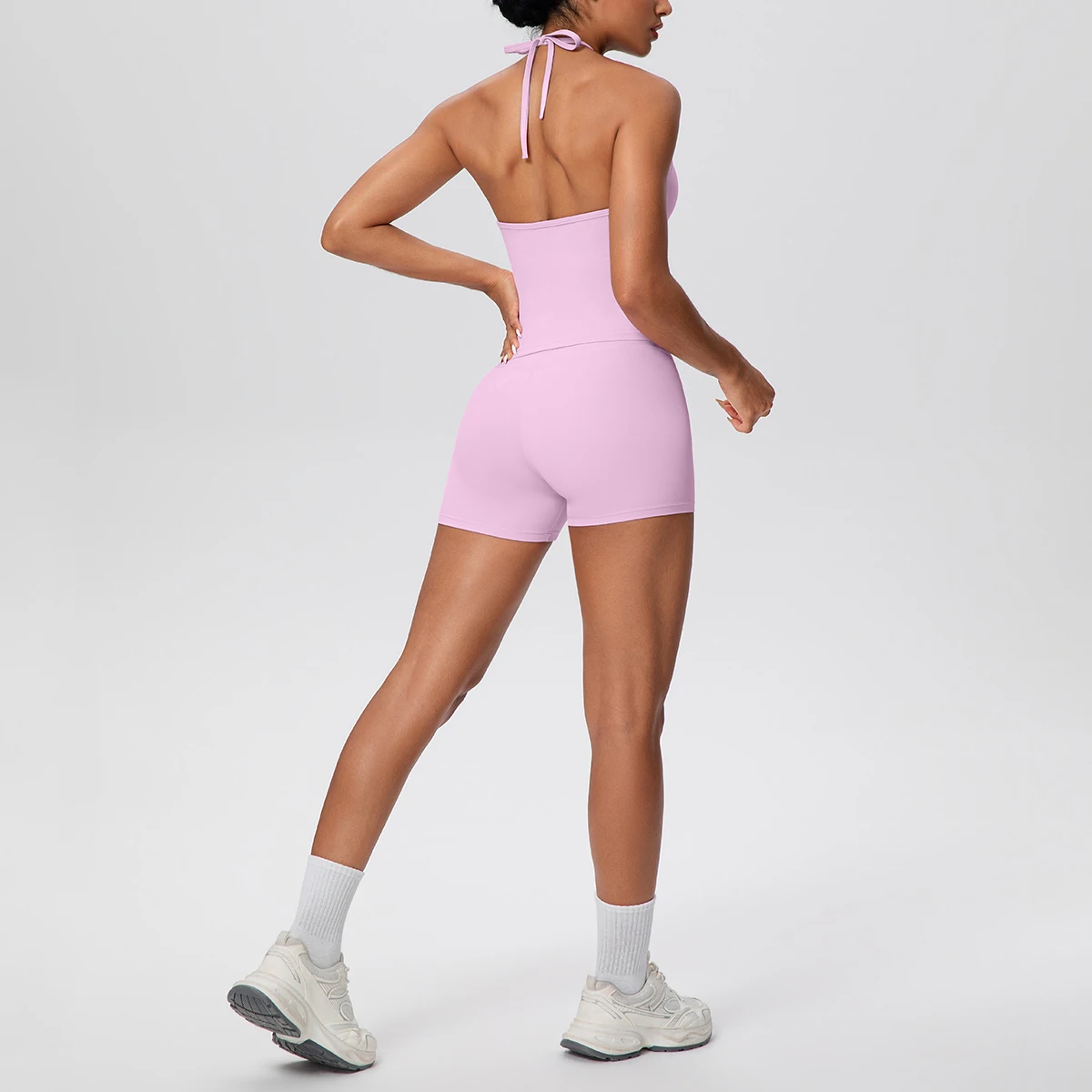 2pcs Yoga Set for Women Quick-Dry Peach Buttocks Fitness Shorts Shockproof Halter Bra Workout Top Solid Color Female Sportswear