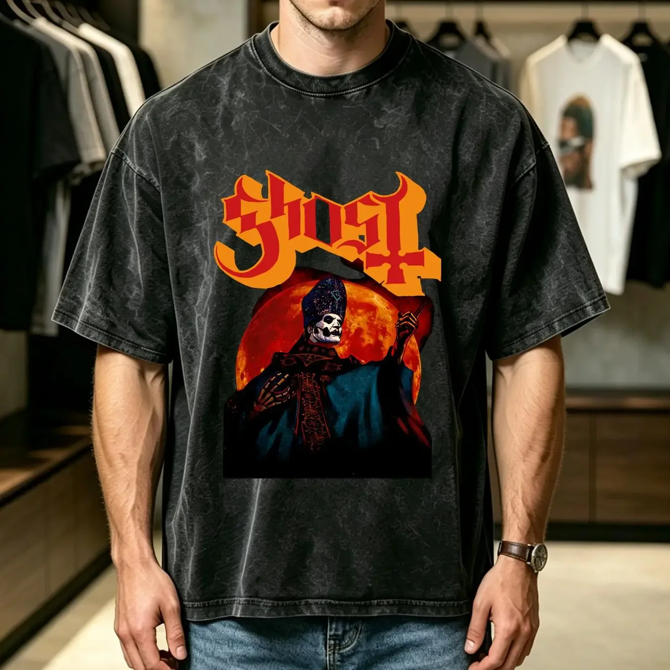 washed T Shirt Ghost Papa Emeritus IV Glowing Moon Men's NEW vintage Washed Unisex homme Casual Stretched Slightly graphic