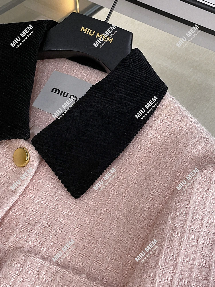 Miumem Premium dames winterfaion omgedraaide kraag roze tweed open vest jas ort bovenkleding losse pasvorm knopontwerp