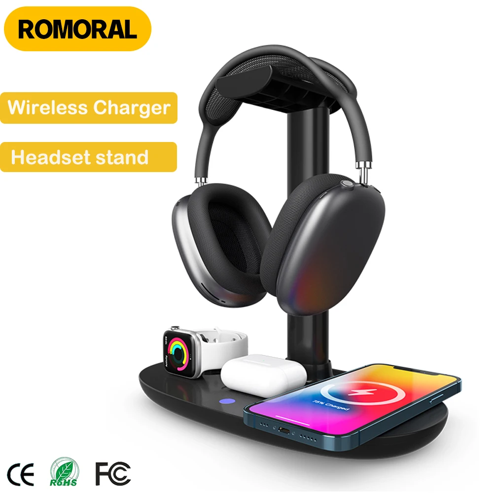 

4in1 Gaming Headphone Stand With 15W Qi Wireless Charger Detachable Headset Holder For IOS iPhone Watch Earphone