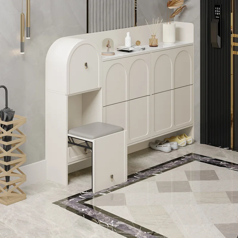 

Cream wind ultra-thin tipping bucket shoe 17cm narrow household door 2025 new entry entrance shoe cabinet with stool integrated