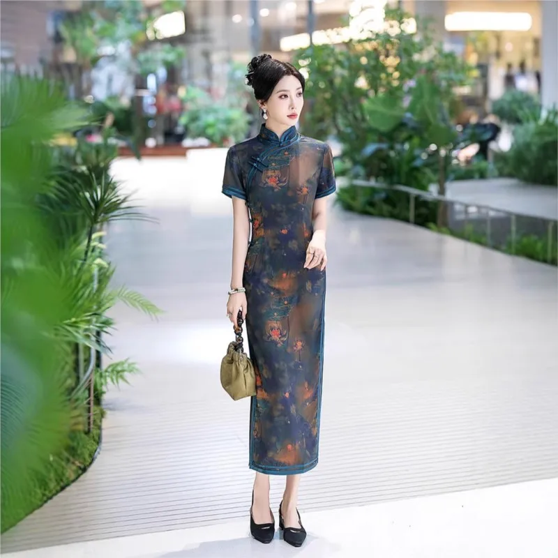 Cheongsam de seda longo melhorado moda menina estilo chinês