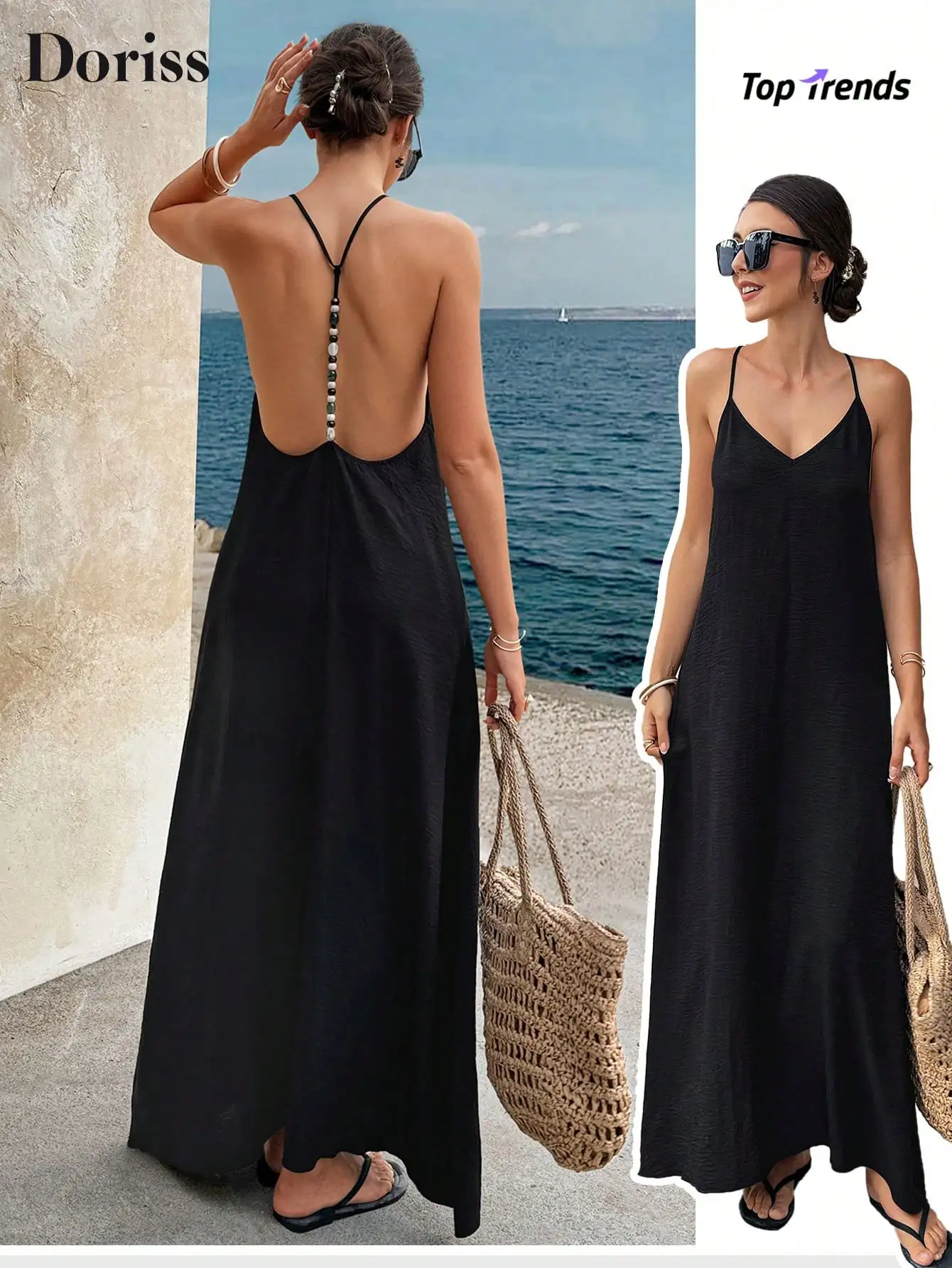 

Women's Backless Beaded Vacation Maxi Dress, Solid Black Slip Style for Beach & Summer