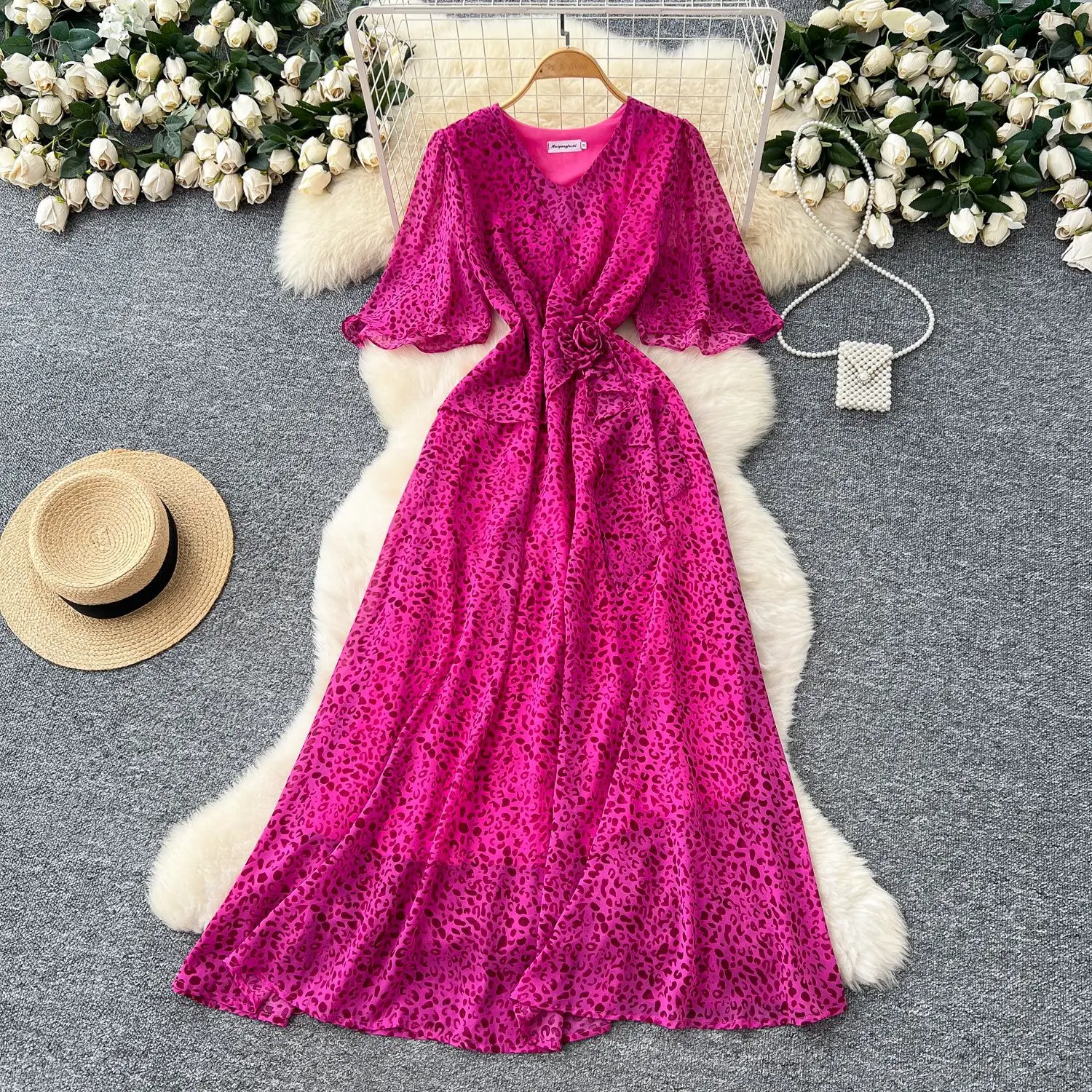 

Long Dress Women Dresses Leopard Print Slim Fit Vestidos V Neck Ruffles Sleeve Elegant Splice Y2k Streetwear Work Party Night