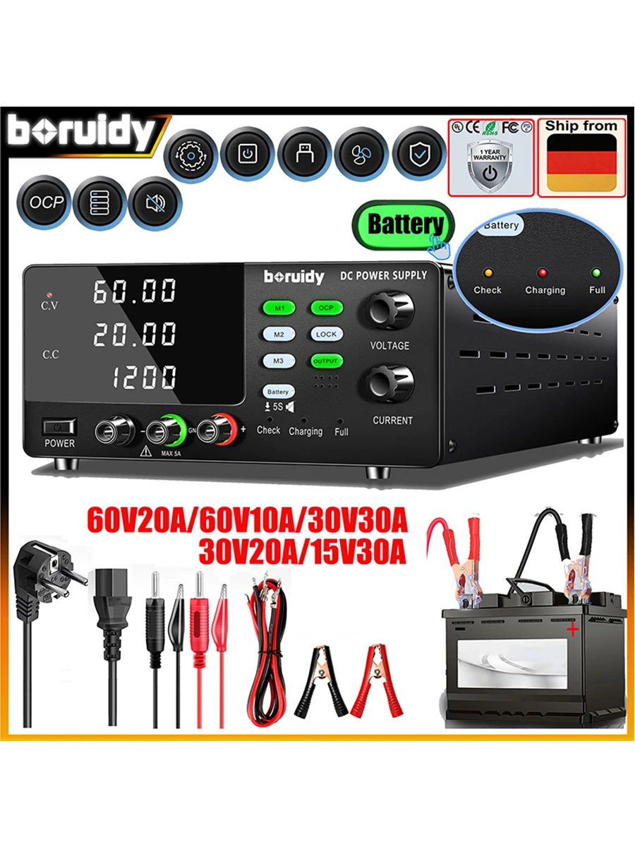 Boruidy Labor-Gleichstromversorgung, variabel 15V 30V 60V 20A 30A, hochpräzise einstellbare Schaltnetzteil für Lithium-Batterie-Ladetest, intelligentes Laden, Batterieaktivierung, OCP, M1-M3