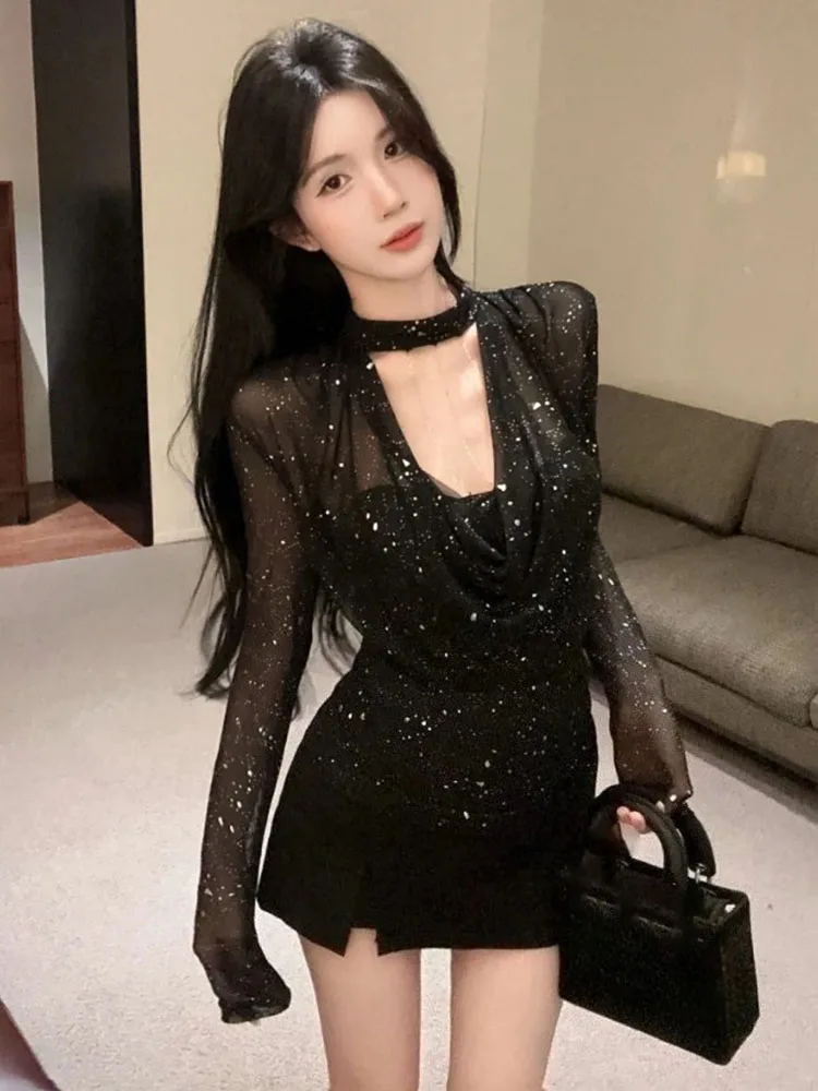 2026 Women's Sexy Halter Long Sleeve Tee Chain Draped Neck Mesh Rhinestone Bodycon Top Y2k Hot Girl Street Party Clubwear​
