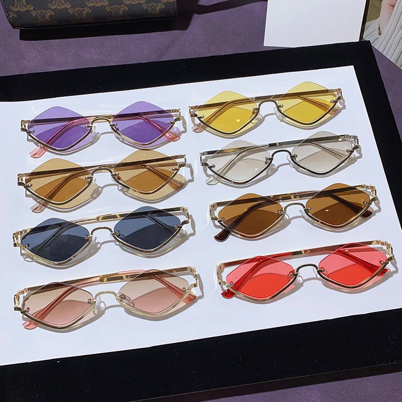 2025 Metal Rhombus Half Frame Sunglasses for Women Men New Diamond Shaped Sunglasses Dopamine Small Frame Outdoor Sunglasses