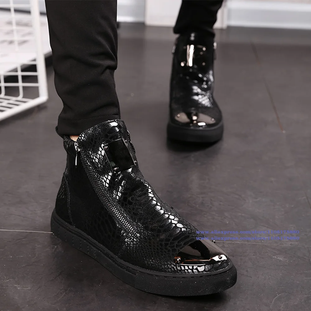 

Snake Pattern High Top Boots for Men Black Leather Casual Shoes Height Increasing Men's Shoes British Style Trendy Men's Boots