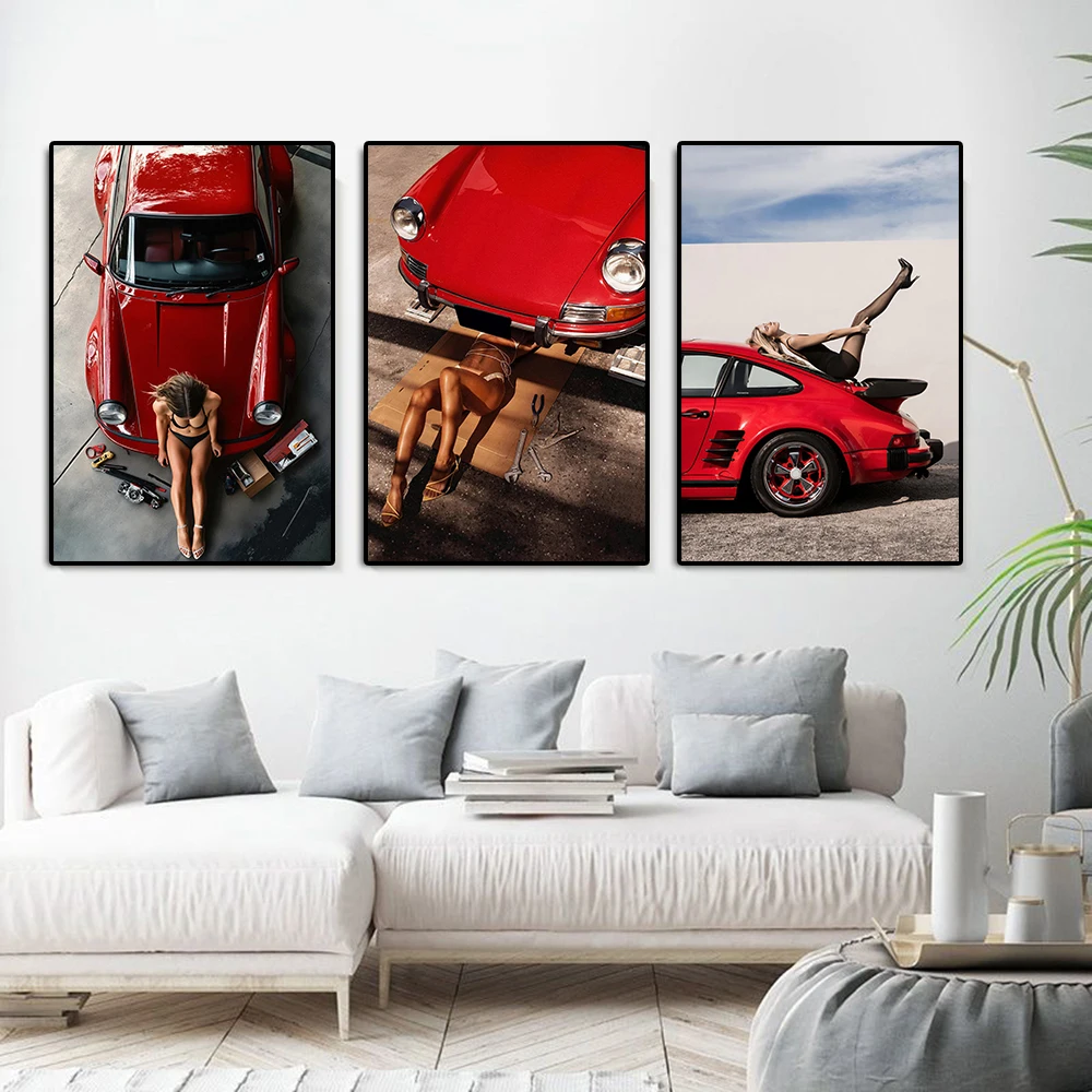موضة السوبر 911 ملصق عرض السيارات فتاة قماش اللوحة مثير المرأة الجسم جدار الفن الفاخرة سباق جدارية غرفة المعيشة ديكور المنزل