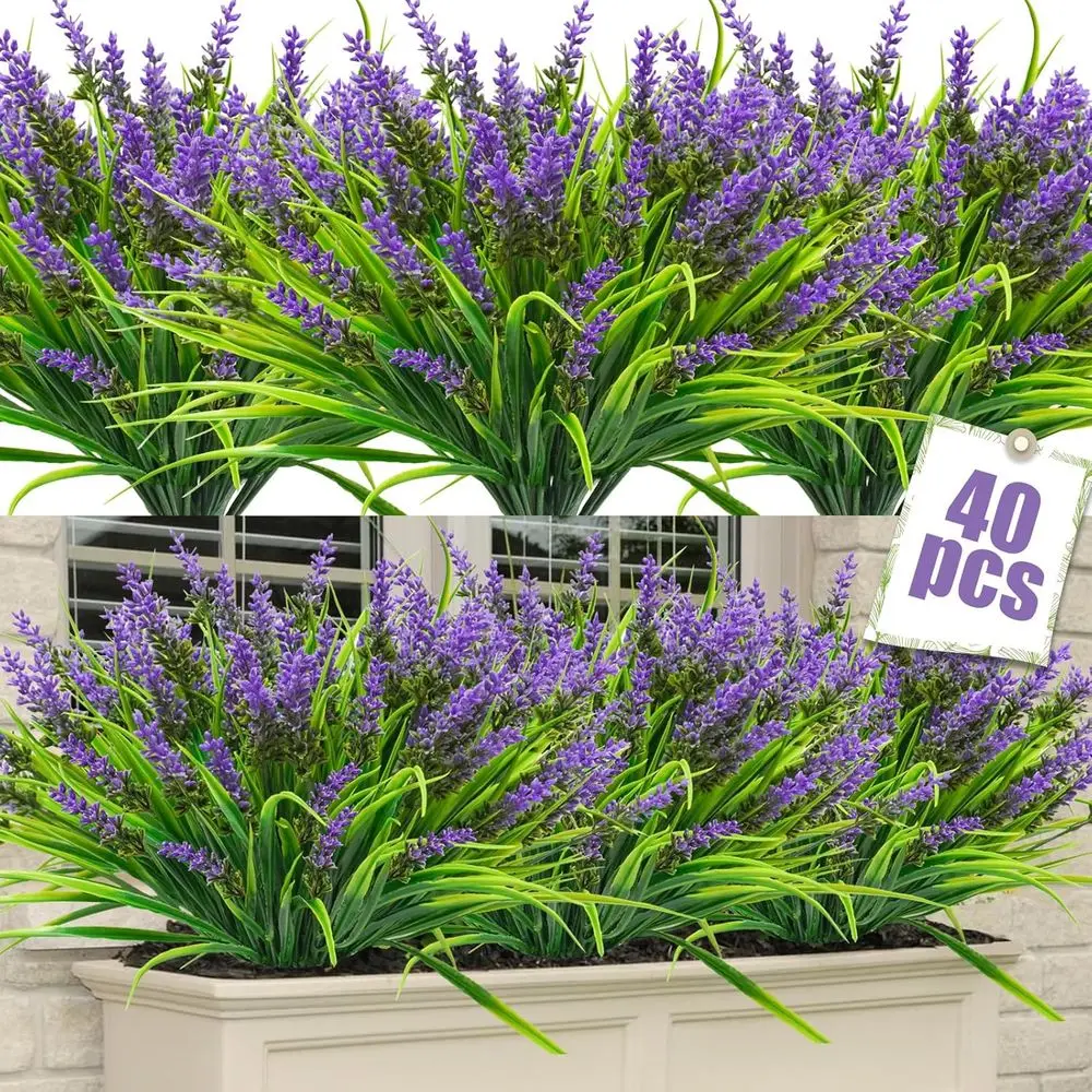 

40 искусственных пучков искусственной травы с цветами лаванды, УФ-стойкая пластиковая зелень для оконных ящиков, веранд и патио