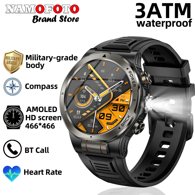 2026 New GPS Compass Smart Watch 1100mAh Men Sports Military-grade Wrist Call Watch Strong LED Flashlight Heart Rate Smartwatch