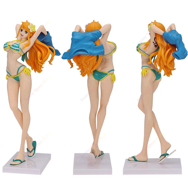 Gran oferta de figuras de Nami de una pieza, Chica de Anime en vacaciones en la playa, Nami, colección roja y verde, juguete de estatuilla, muñeca ornamental de pie de PVC