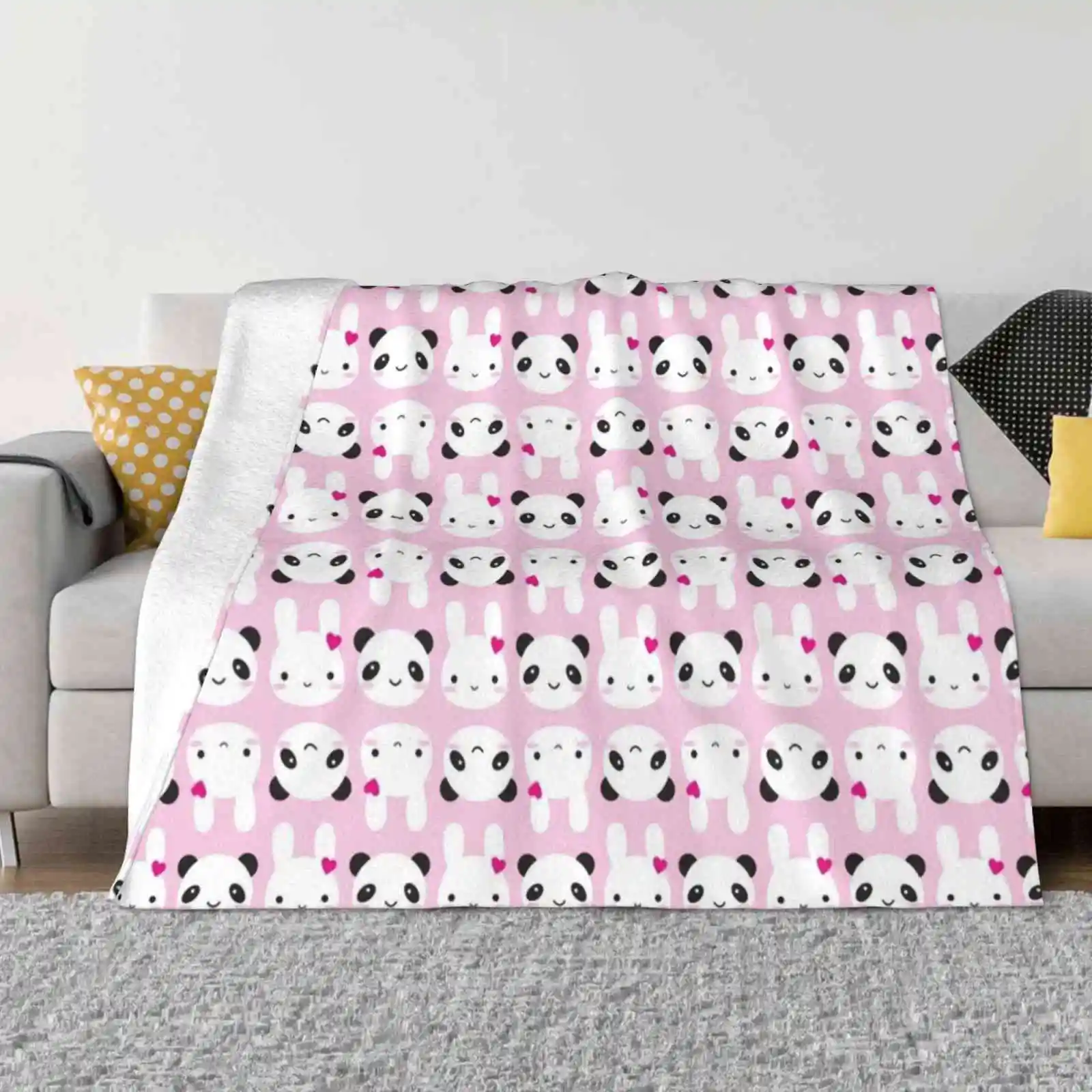 Super Cute Kawaii Bunny And Panda ( Pink ) Fashion Soft Warm Throw Blanket Bunny Rabbit Panda Bear Animals Repeat Pattern Super