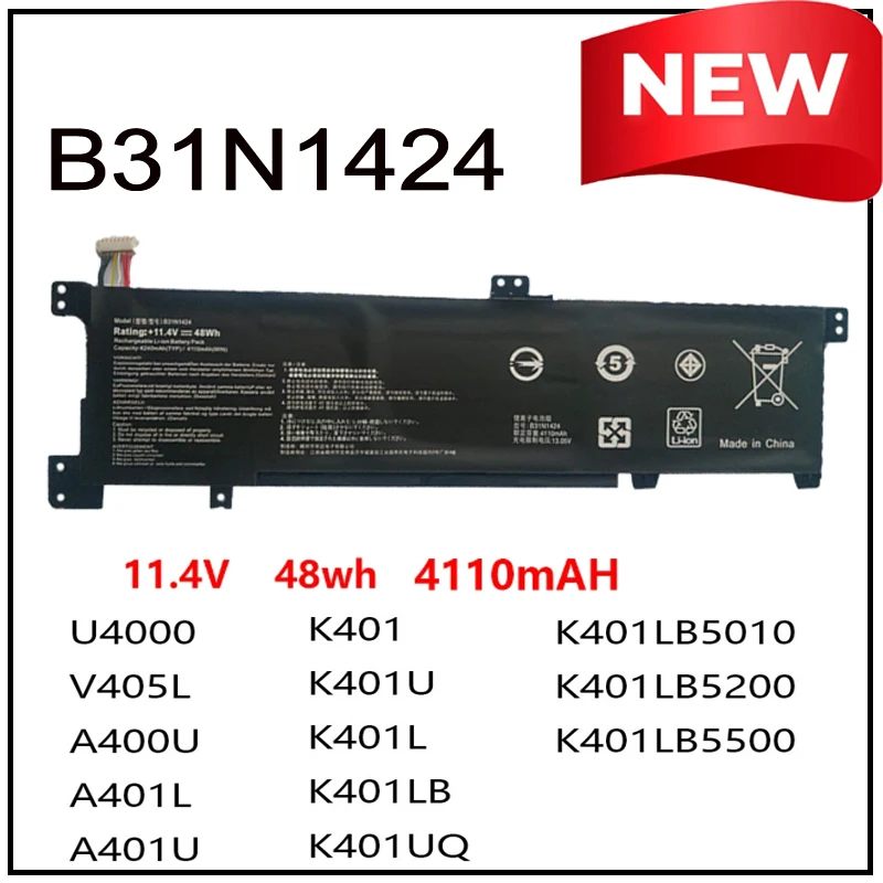

Новая батарея B31N1424 для ноутбуков ASUS U4000, A400U, A401L, K401L/U, V405L, A401L, K401L, K401LB, K401U, U4000, K401UQ, K401LB5010, 5200, 5500