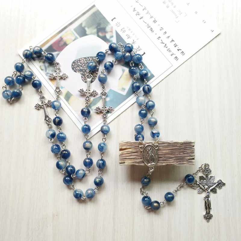 Blue Acrylic Rosary Necklace Long for Cross Pendant Catholic Christian Necklace Religious Jewelry for Men Women Drop Shipping