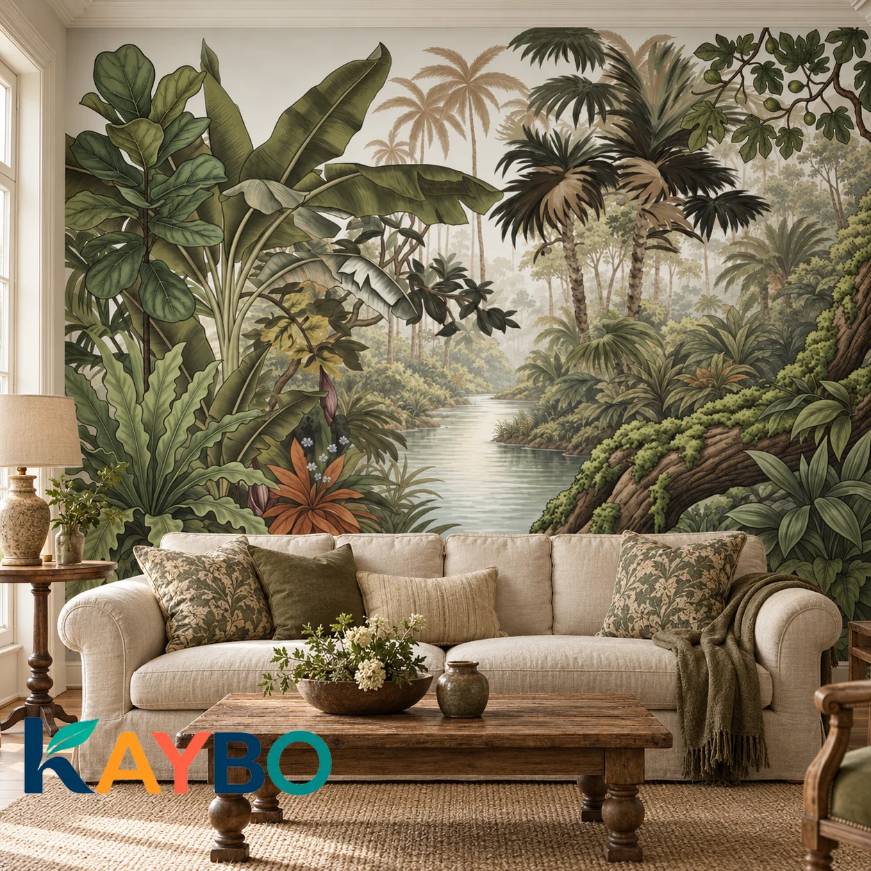 Tropical Jungle Wallpaper Mural Vintage Rainforest River Landscape Palm Trees Botanical Wall Decor Living Room Non Self Adhesive