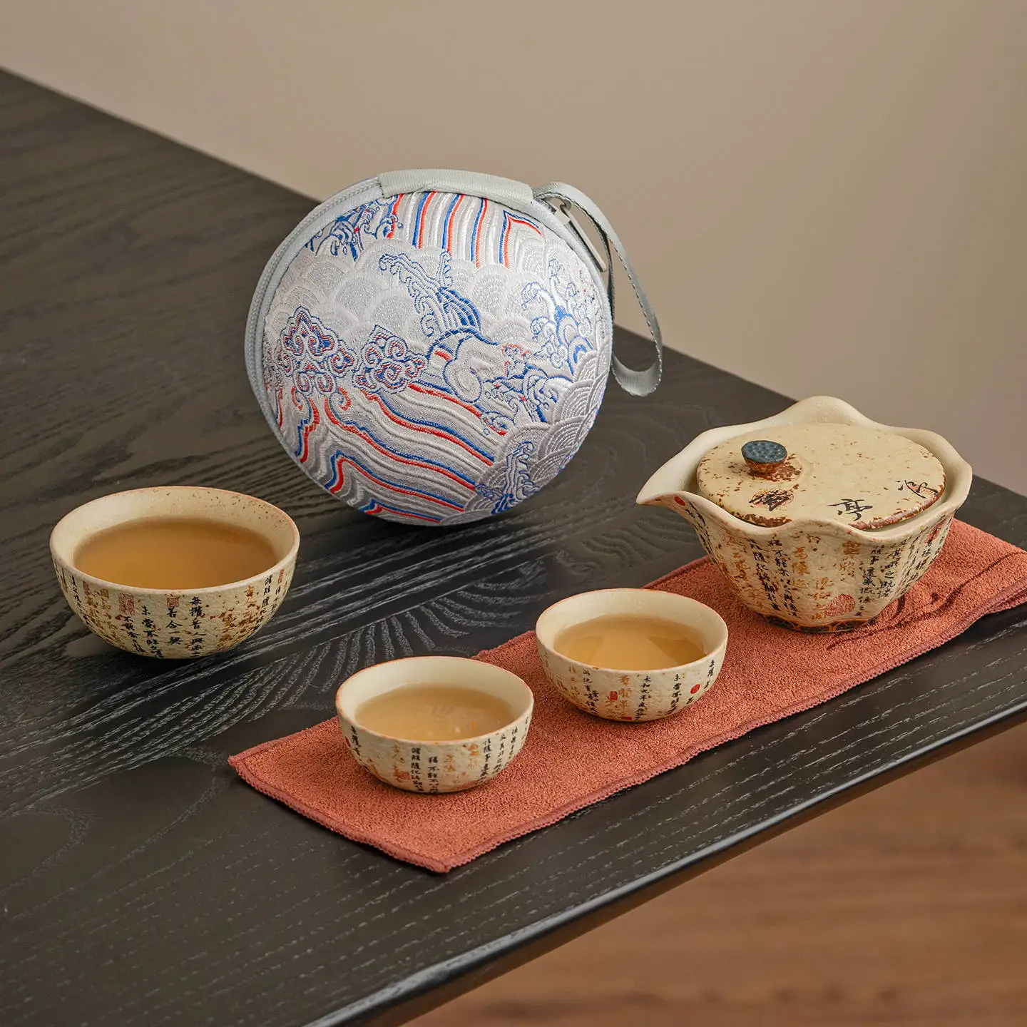 Blue and white flint red ceramic travel tea set orchid pavilion lotus pod tea making equipment outdoor camping portable