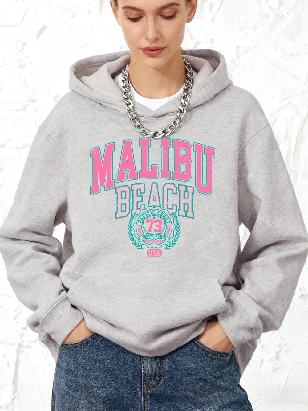 ماليبو شاطئ الطباعة هوديس القطن المرأة رياضي فضفاض البلوز الشتاء الصوف الدافئة بلوزات الركض جيب ملابس امرأة #1