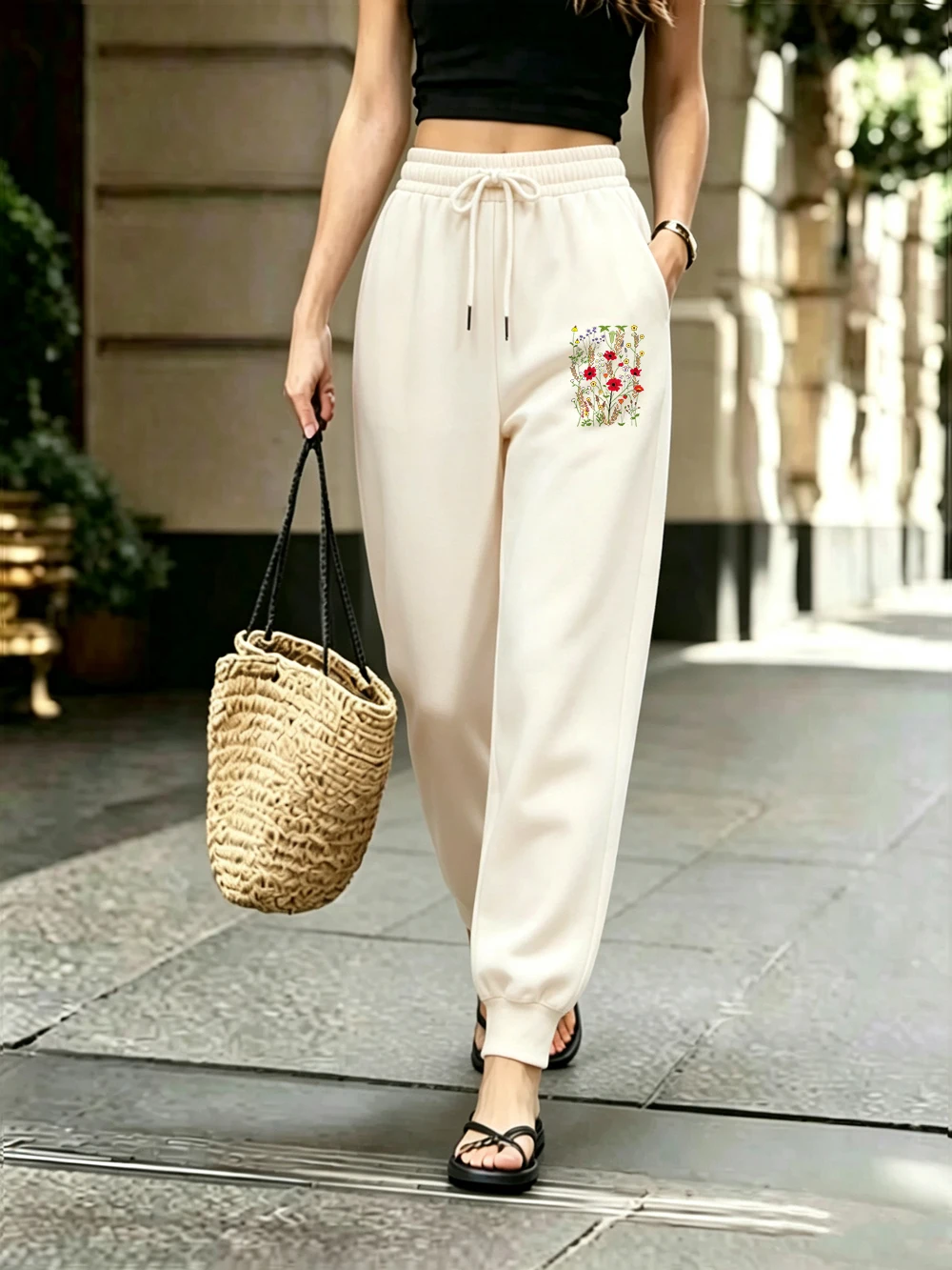 Flowers Of Various Colors Prints Sweatpants Womens Casual Fleece Warm Trousers Winter Loose Pocket Jogger Pants Basics Clothes