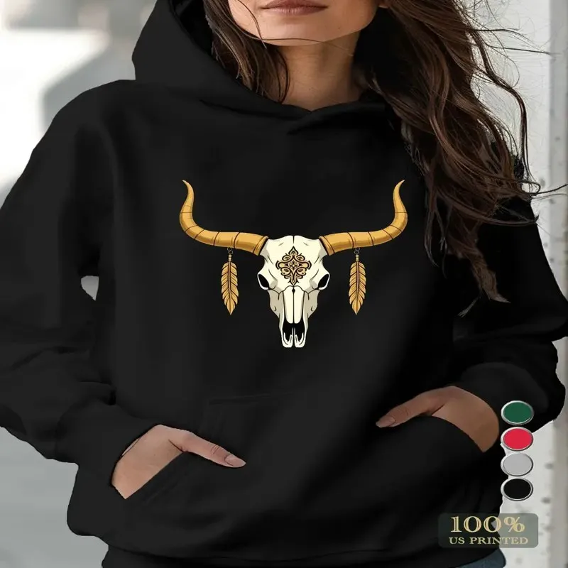 

Winter Autumn Female Women Clothes Plus Size Oversize Sweatshirt Golden Bull Skull Horns Design Long Sleeve Machine Washable Y2k