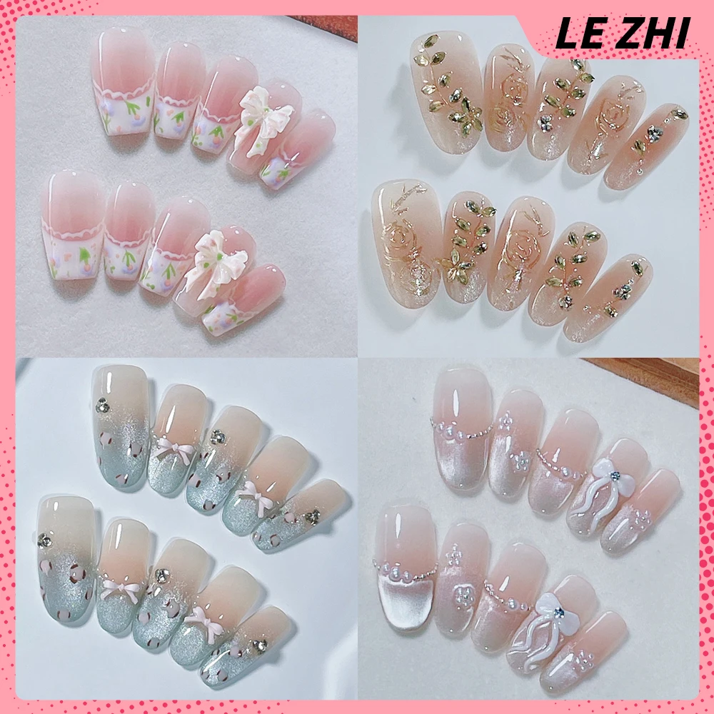 

Sweet Lovely Handmade Wearable Full Cover French False Nail Fashion Diamond Pearl Bowknot Flowers Design False Nail Girl Gifts