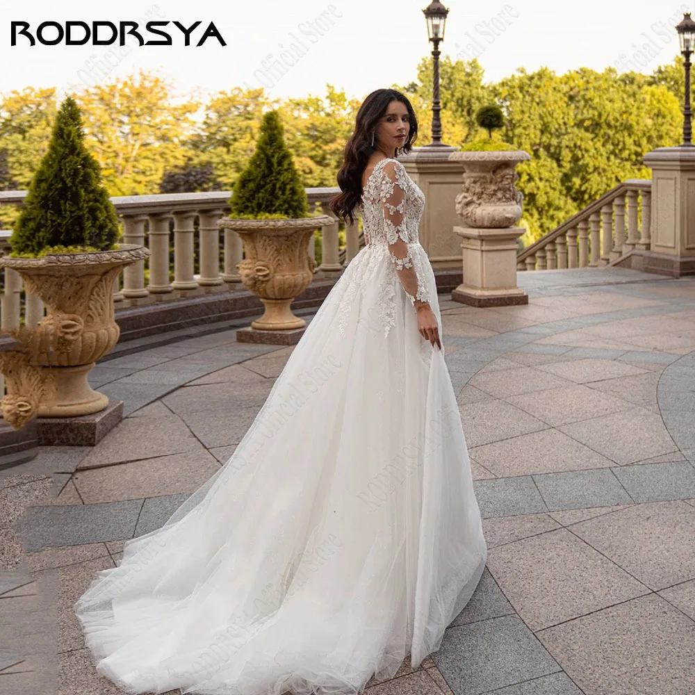 Roddrsya bohème o - cou dentelle robe de mariée a - ligne manches longues avec bouton appliques 2024 robe de mariée vestidos de novia