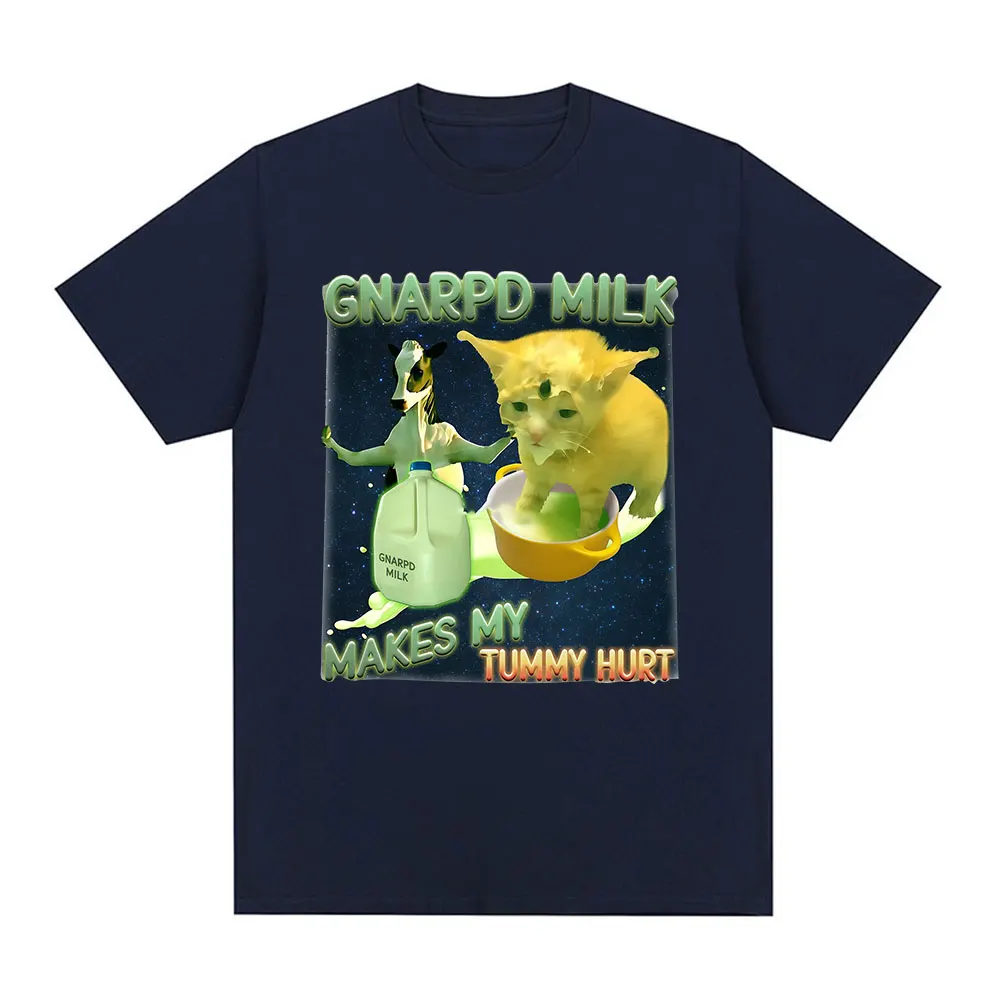 Gnarpd Milk Makes My Tummy Hurt Funny Alien Cat Brainrot Funny Meme T Shirt Men's Cotton Casual Short Sleeve T Shirts Streetwear