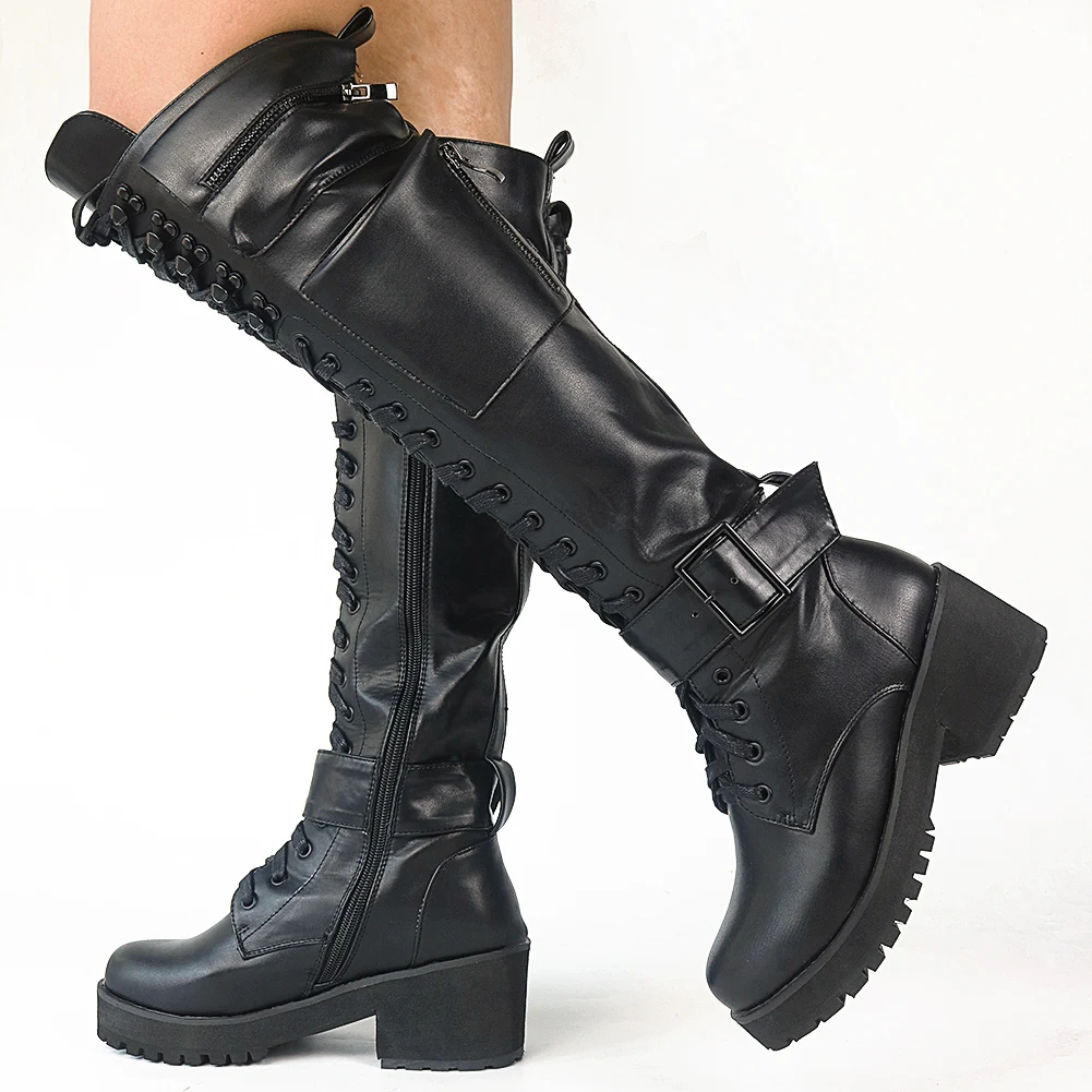 Brand New Female Chunky High Heels Knee High Boots Fashion Zip Cross Tied women\'s Boots 2021 Cosplay Street Party Shoes Woman