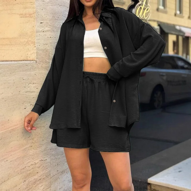 Dames Amerikaanse stijl los dames effen kleur shirt met lange mouwen effen kleur shorts tweedelig pak