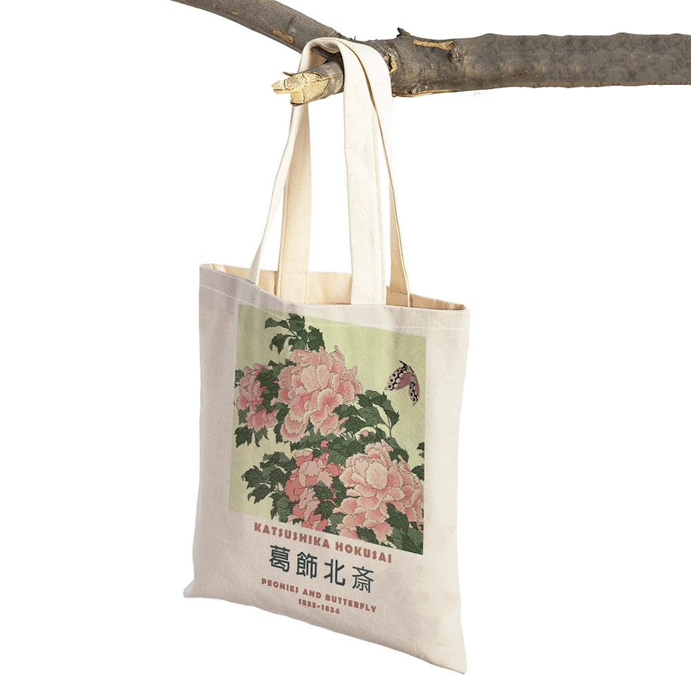 Hokusai Ohara Koson Japan Women Shopping Bag Double Print Abstract Casual Shopper Bags Lady Linen Tote Flower Travel Handbag