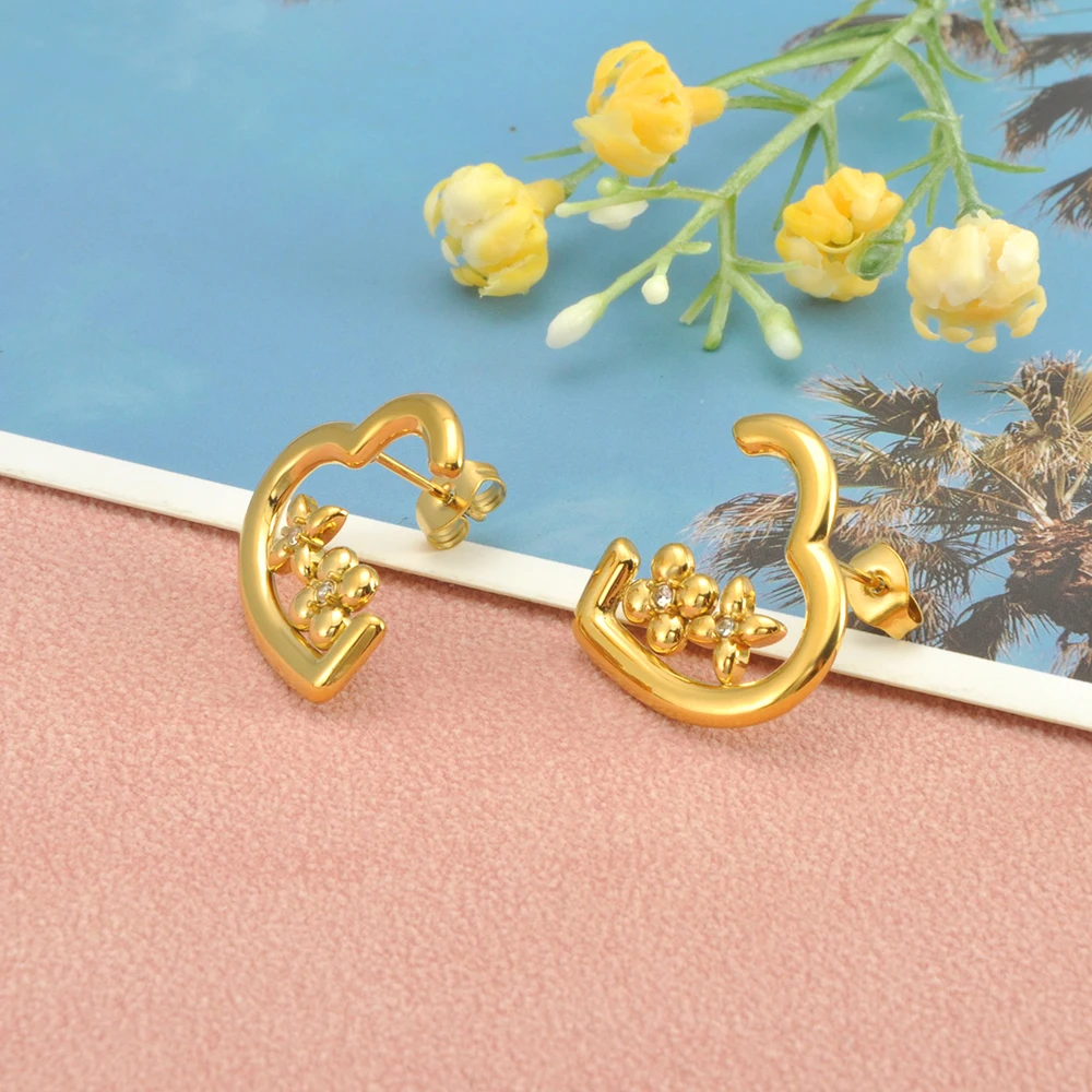 JeeMango Kreative Stil Edelstahl Vier Blatt Blume Ohrringe Zirkonia Herz Hochzeit Schmuck Für Frauen Geschenke E25118