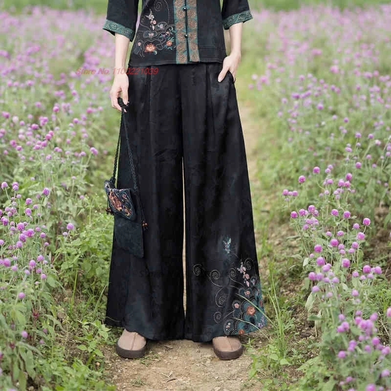 2025 chinese vintage pants national flower embroidery satin jacquard wide leg trousers traditional folk elastic waist pantalones