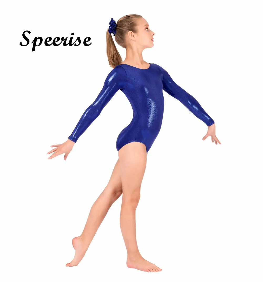 Speerise Kids Girls Long Sleeve Shiny Metallic Spandex Gymnastics Dance Leotard Glod Scoop Neck Bodysuit