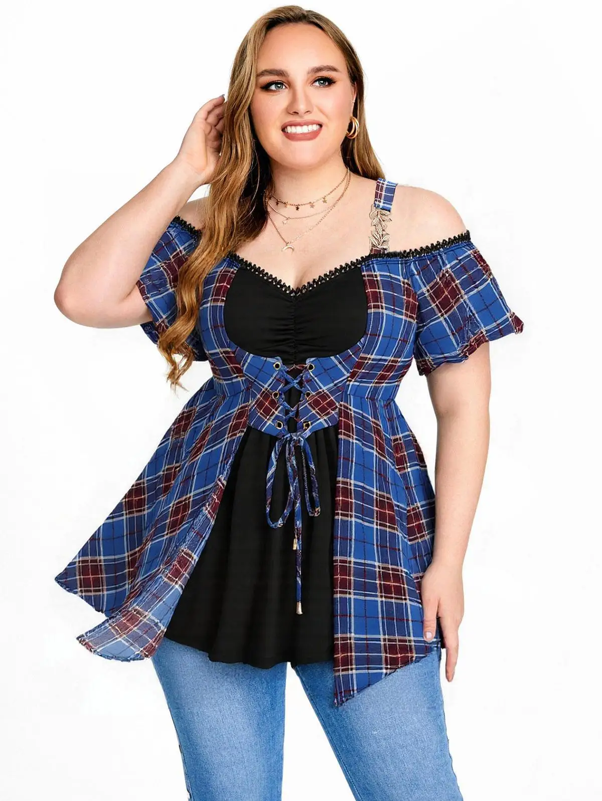 

ROSEGAL Плюс размер, клетчатые люверсы с принтом, шнуровка, рюши, кружевная отделка, топ 2 в 1, холодные плечи