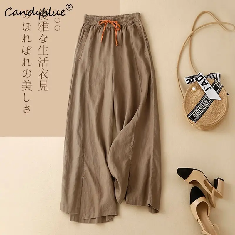 

Solid Color Pants Female 2023 Spring/Summer New Literary Loose Casual Versatility Wide-leg Trousers Nine Quarter Pants For Women