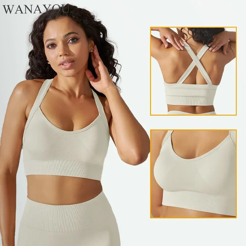 WANAYOU Cross Back Sports Bras for Woman Seamless Yoga Crop Tops Gym Fitness Vest with Pads Widened Straps Workout Tank Top