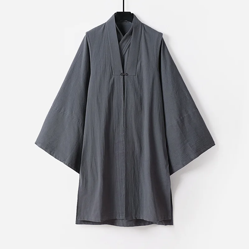 Chinese Daoist Long Robe Vest Set Retro Japanese Kimono Cardigan Yukata Haori Loose Casual Cotton Hanfu Tai Chi Clothes Big Size